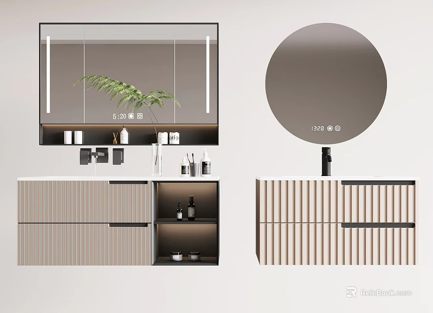 Modern Bathroom Vanity With Round Mirror Wooden Cabinet And Decorative Plant 3d model 
