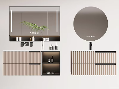 Modern Bathroom Vanity With Round Mirror Wooden Cabinet And Decorative Plant 3d model