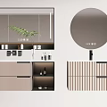 Modern Bathroom Vanity With Round Mirror Wooden Cabinet And Decorative Plant