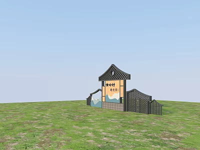 Garden Ornament with Mini House Structure and HELLO Sign on Green Grassland Under Blue Sky 3d model