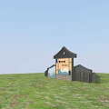 Garden Ornament with Mini House Structure and HELLO Sign on Green Grassland Under Blue Sky