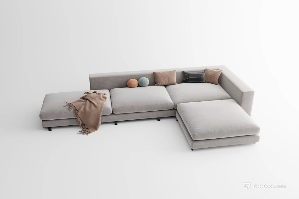 Light Gray L shaped Sectional Sofa With Brown Black Cushions And Throw Blanket 3d model