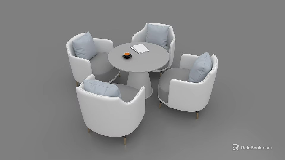 Modern Round Meeting Table And Chairs With Gray Cushions Wooden Legs And Notebook 3d model 