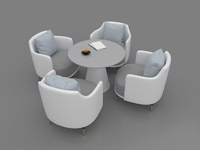 Modern Round Meeting Table And Chairs With Gray Cushions Wooden Legs And Notebook 3d model