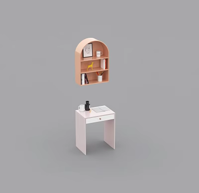 Pink Writing Desk And Arched Wall Shelf With Books And Decorations 3d model