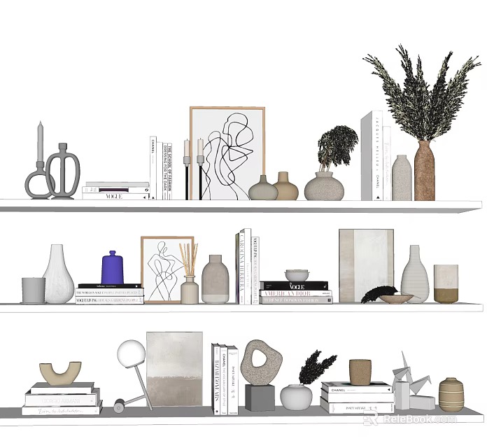 Decorative Ornament Arrangement With Shelves Vases Art Frames Books And Dried Plants 3d model 