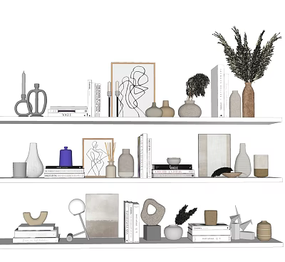 Decorative Ornament Arrangement With Shelves Vases Art Frames Books And Dried Plants 3d model