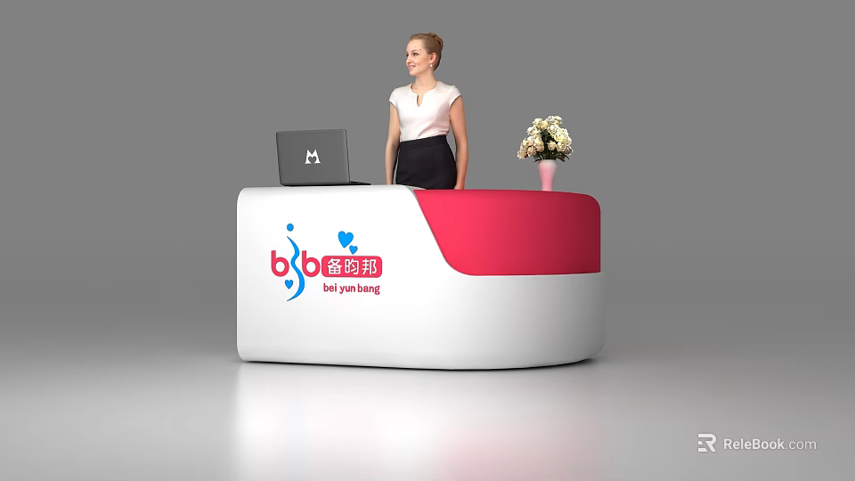 White And Red Reception Desk With Laptop Flower Vase And Receptionist 3d model 