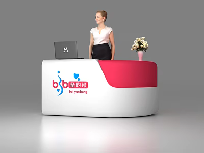 White And Red Reception Desk With Laptop Flower Vase And Receptionist 3d model