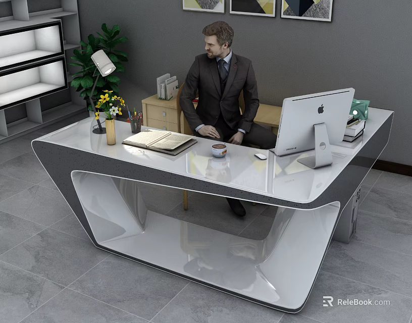 Modern Office Desk With Geometric Design Mac Computer Desk Lamp Yellow Flowers And Notebook 3d model 
