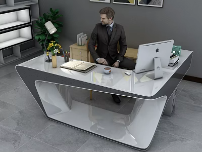 Modern Office Desk With Geometric Design Mac Computer Desk Lamp Yellow Flowers And Notebook 3d model