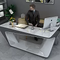 Modern Office Desk With Geometric Design Mac Computer Desk Lamp Yellow Flowers And Notebook