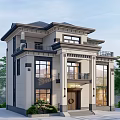 Classical Two Story Detached Villa With Balcony Large Windows Porch And Green Plants