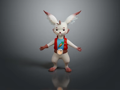 3D Cartoon Rabbit With Big Ears White Body Red Vest Colorful Badge And Pink Limbs 3d model