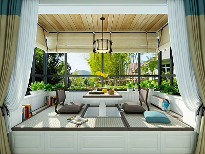 Natural Villa Balcony Sunken Seating Area Wooden Ceiling Pendant Light And Bamboo View 3d model