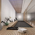 Japanese Style Modern Garden With Wooden Lattice Stone Wall And Green Plants