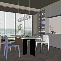 Modern Open Restaurant Kitchen Area With Dining Table Chairs Cabinets And Plants