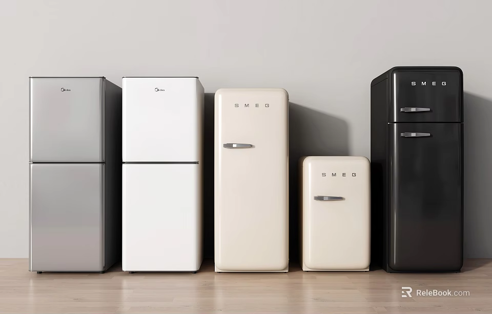 Display Of Vintage Style Refrigerators In Multiple Colors Sizes And Designs 3d model 