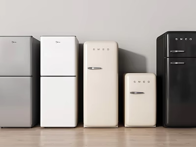 Display Of Vintage Style Refrigerators In Multiple Colors Sizes And Designs 3d model