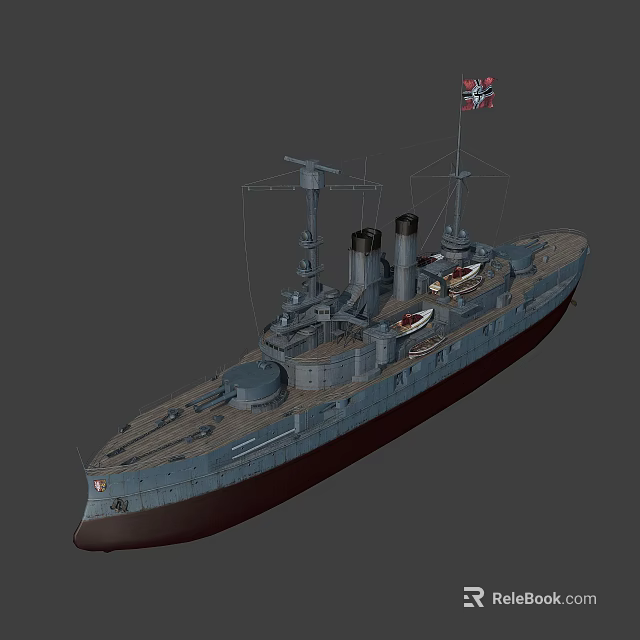 Vintage Warship 3D Model With Two Funnels Flag Mast And Deck Details 3d model 