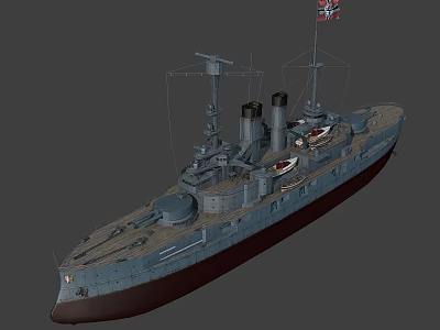 Vintage Warship 3D Model With Two Funnels Flag Mast And Deck Details 3d model