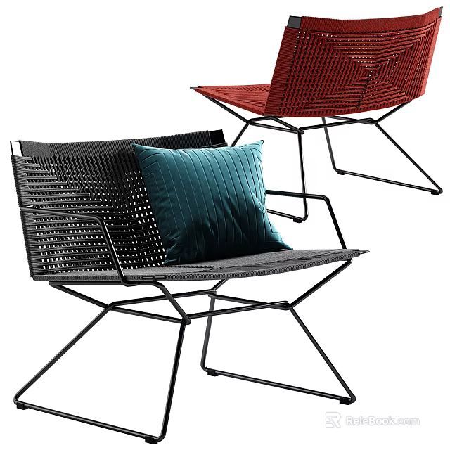Woven Leisure Chairs With Metal Frame In Black Red Design And Blue Accent Cushion 3d model 