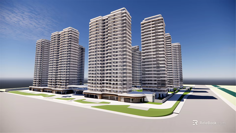 High Rise Residential Buildings With Green Grass And Road Under Blue Sky 3d model 