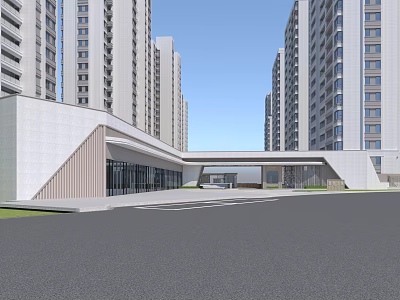 Modern Entrance Gate With Glass Doors Between High Rise Buildings Near Road And Grass Area 3d model