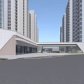 Modern Entrance Gate With Glass Doors Between High Rise Buildings Near Road And Grass Area