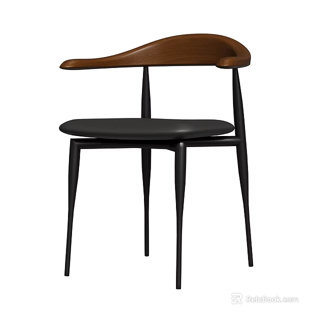 Modern Minimalist Single Chair With Walnut Wood Backrest Upholstered Seat And Sleek Black Metal Legs 3d model 