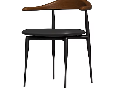 Modern Minimalist Single Chair With Walnut Wood Backrest Upholstered Seat And Sleek Black Metal Legs 3d model