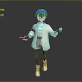 3D Model Character Wearing Blue Hat White Coat And Striped Shirt Holding Tablet Device