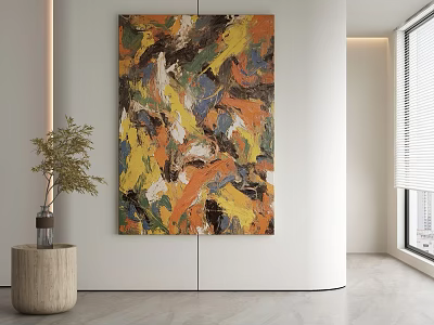 Abstract Painting with Dynamic Yellow Orange Green Brown Brushstrokes in Modern Minimalist Interior 3d model