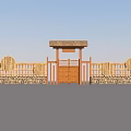 Traditional Roofed Entrance With Stone Wall Bamboo Fence Circular Decorations And Wooden Gate