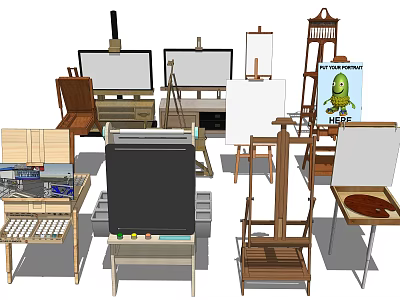 Assorted Musical Instruments and Art Supplies Including Easels Violins Paintbrushes and Palettes 3d model