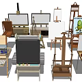 Assorted Musical Instruments and Art Supplies Including Easels Violins Paintbrushes and Palettes
