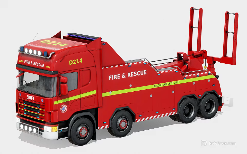 Red Fire Rescue Tow Truck with Functional Crane and Emergency Equipment for Emergency Response 3d model 