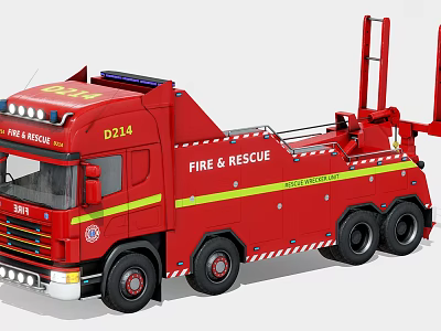 Red Fire Rescue Tow Truck with Functional Crane and Emergency Equipment for Emergency Response 3d model