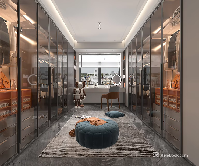 Modern Walk in Closet Interior Design With Glass Doors Built in Lighting And Storage Cabinets 3d model 