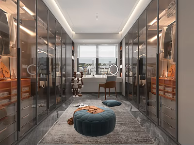 Modern Walk in Closet Interior Design With Glass Doors Built in Lighting And Storage Cabinets 3d model