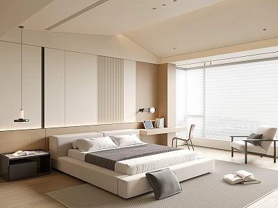 Modern Bedroom Interior With White Bed Gray Pillows Wooden Walls And Floor To Ceiling Windows 3d model