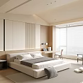 Modern Bedroom Interior With White Bed Gray Pillows Wooden Walls And Floor To Ceiling Windows
