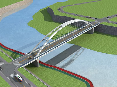 Modern Arch Bridge Over River With Green Grass And Vehicle Traffic 3d model