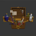 Wooden Chest Filled With Potion Bottles Books Scroll Skull Mortar And Pestle Mushrooms