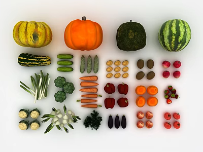 Assorted Fresh Vegetables Neatly Arranged Display Featuring Pumpkin Watermelon Carrots Broccoli And More 3d model