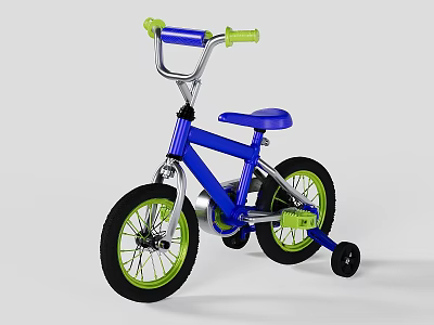 Colorful Kids Bike With Blue Frame Green Handlebars Purple Seat And Training Wheels 3d model
