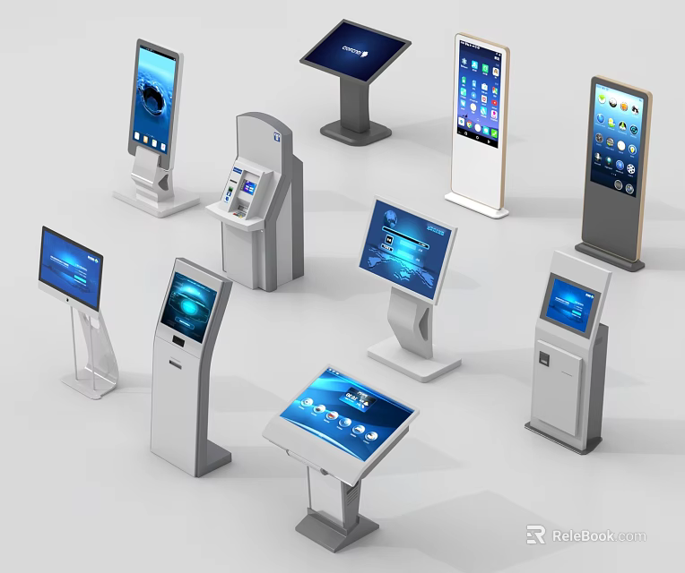 Public Facilities Featuring Various Self Service Interactive Kiosks With Touchscreen Displays 3d model 