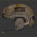 Brown Tactical Helmet With Red Triangular Attachment Worn Surface And Ear Cups 3d model
