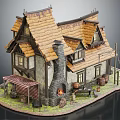 Medieval Style Cottage Model With Sloped Brown Tile Roof Stone Walls Chimney And Wooden Barrels