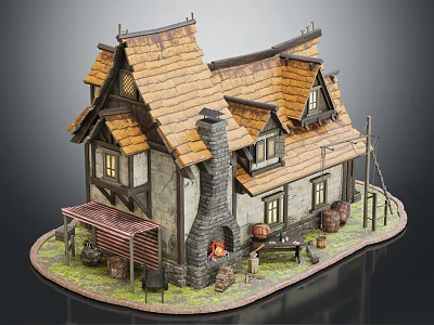 Medieval Style Cottage Model With Sloped Brown Tile Roof Stone Walls Chimney And Wooden Barrels 3d model